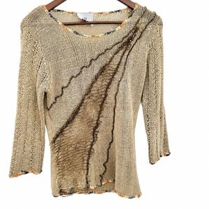 LIV Milano Women's Boho Beige Sweater With Sequin, Mesh Embellishment Size Large